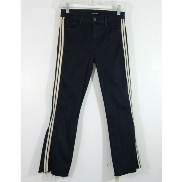 J Brand Selena Black Metallic Stripe Frayed Cropped Hem Jeans - Picture 2 of 7